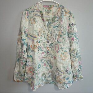 Malvin 100% Linen Multicolor Floral Long Sleeve Blouse Women’s Size Small